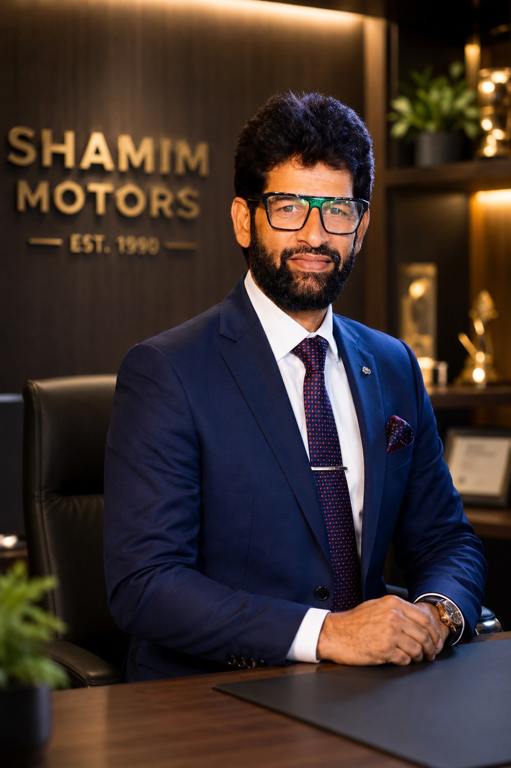 Shamim Shaikh, Founder and Owner of Shamim Motors, standing in the company office